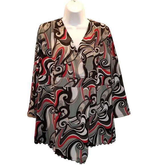 Cato Women's Plus 22W Top Faux Wrap Empire Waist 3/4 Sleeve Black Red Asymmetric - Picture 3 of 10